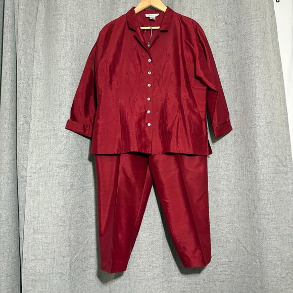 Silk Land 2 Piece Pant Suit Women XL Red 100% Silk Embroidered Floral - Picture 2 of 10
